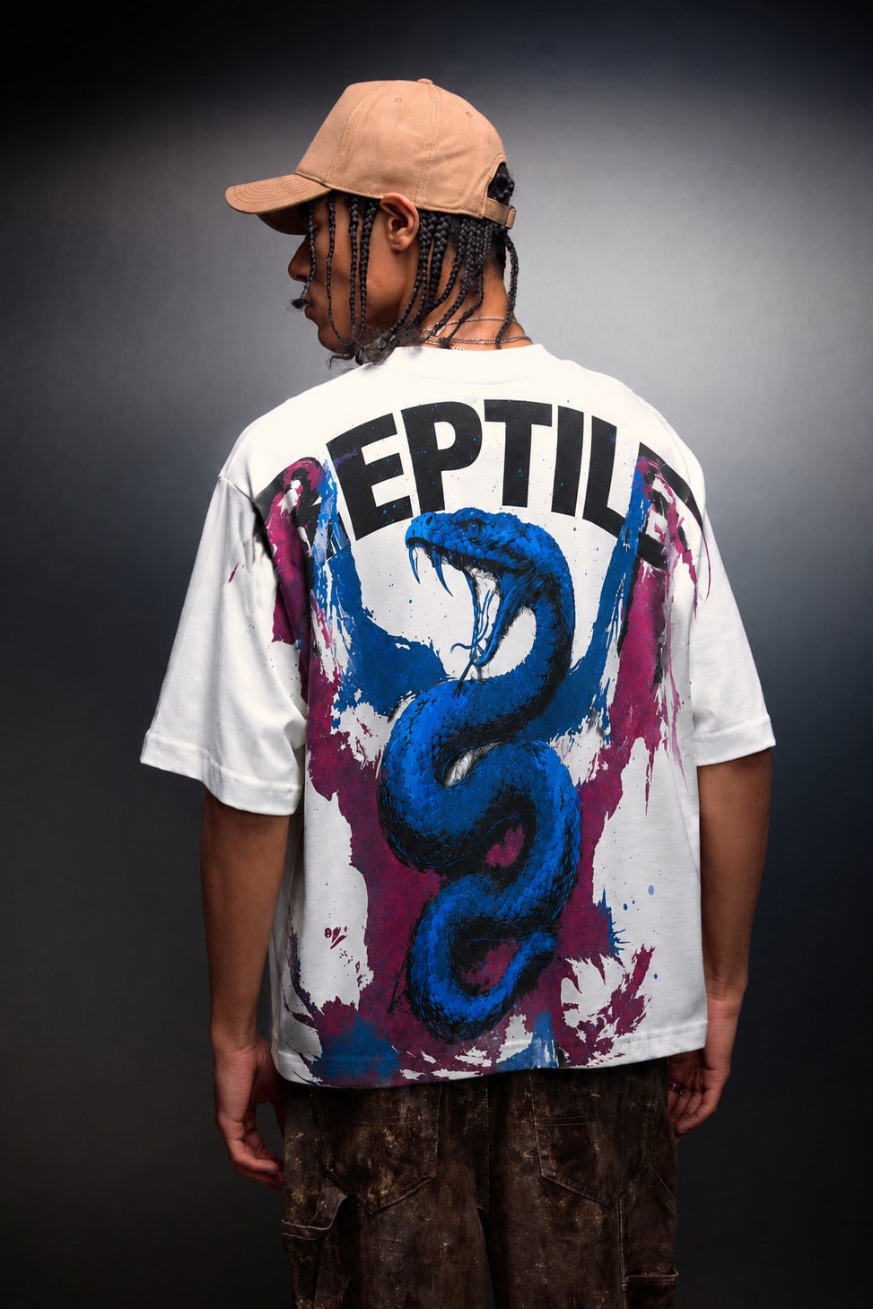 Erkek Beyaz Reptile Baskılı Oversize Tshirt