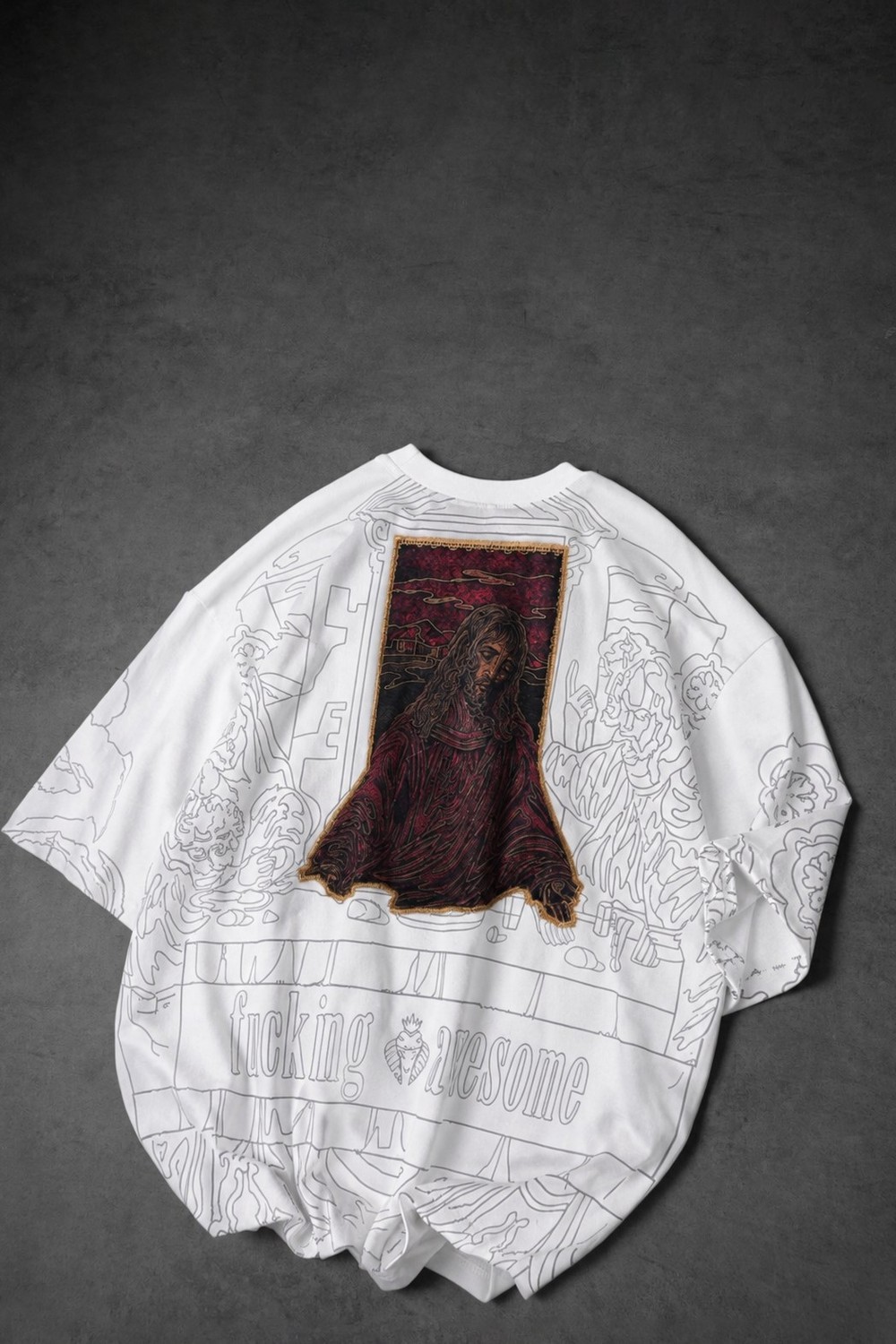 Erkek Beyaz Sanctum Kadife Patch Oversize Tshirt