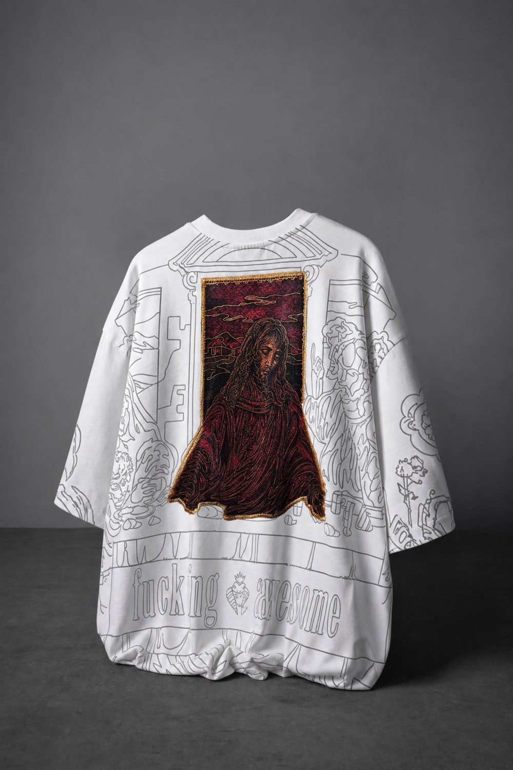 Erkek Beyaz Sanctum Kadife Patch Oversize Tshirt