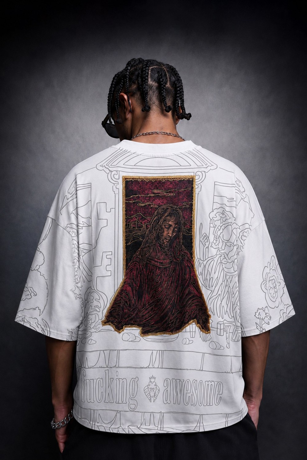 Erkek Beyaz Sanctum Kadife Patch Oversize Tshirt