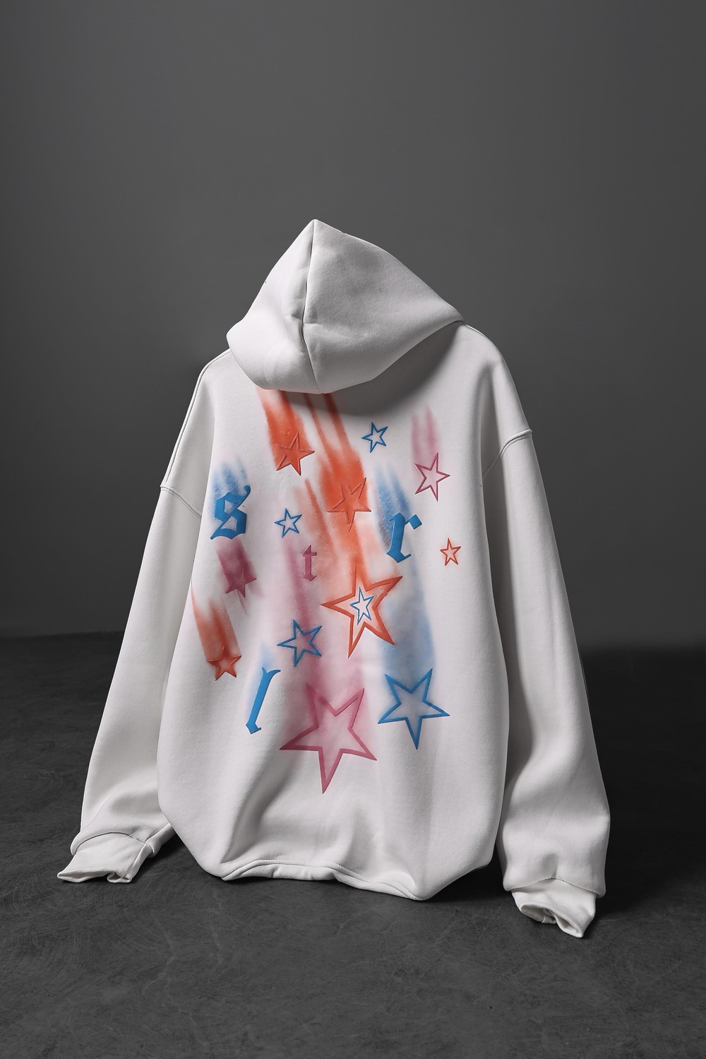 Erkek Beyaz Stars Kabartma Baskı Kapüşonlu Oversize Sweatshirt