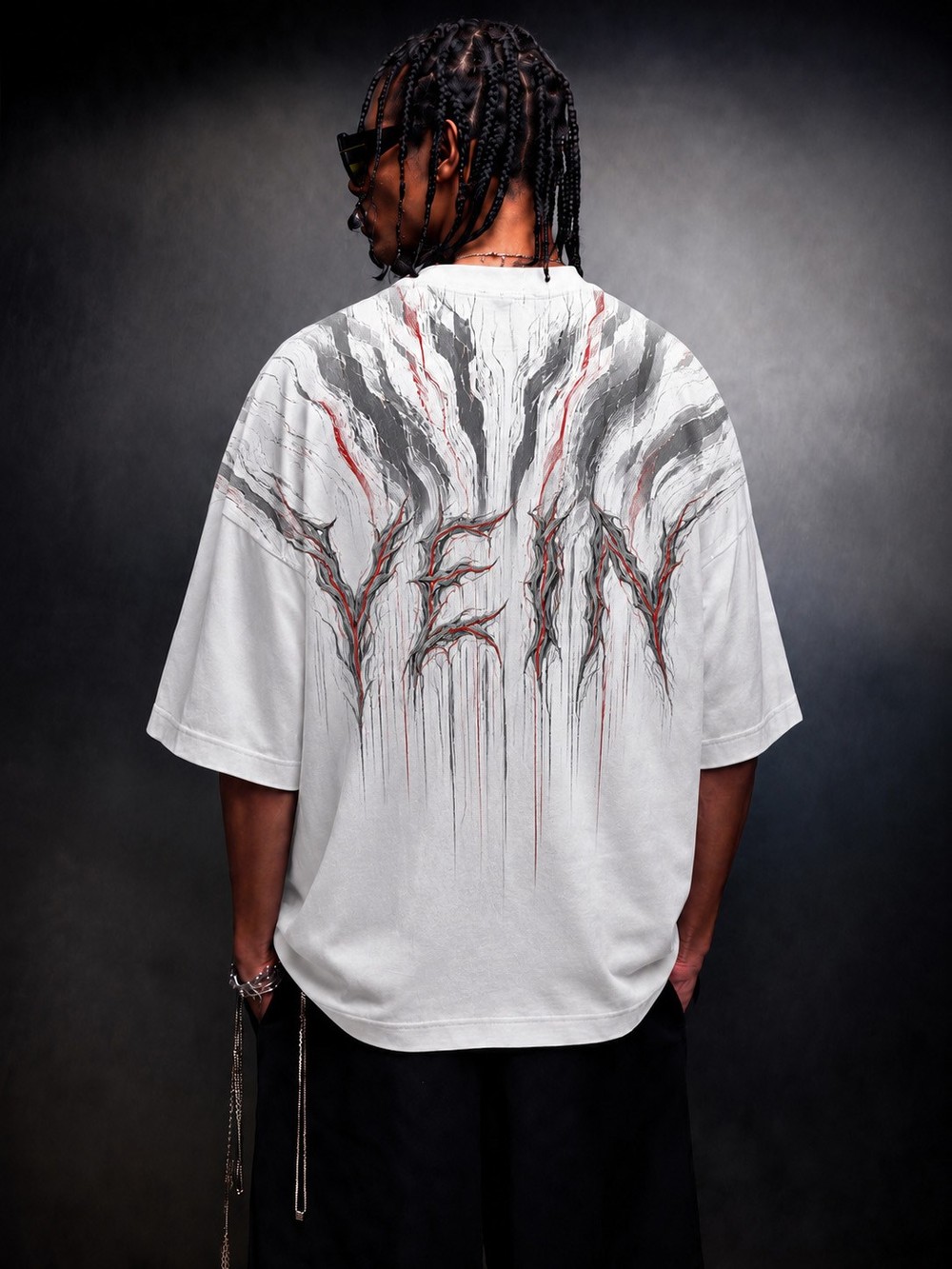 Erkek Beyaz Vein Baskılı Oversize Tshirt