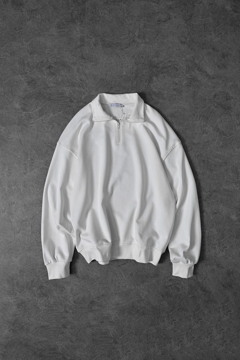 Erkek Beyaz Yarım Fermuar Diagonel Kumaş Oversize Sweatshirt
