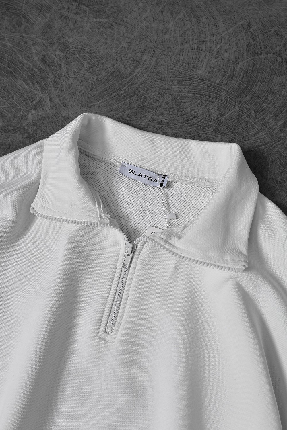 Erkek Beyaz Yarım Fermuar Diagonel Kumaş Oversize Sweatshirt