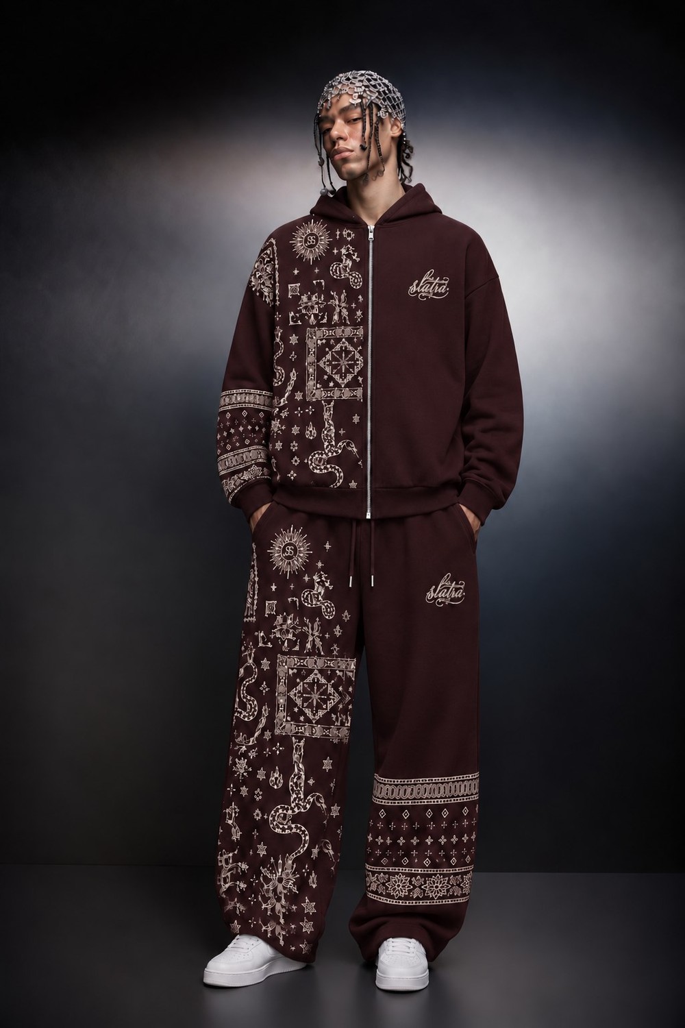 Erkek Bordo Codex Oversize Full Zip Hoodie