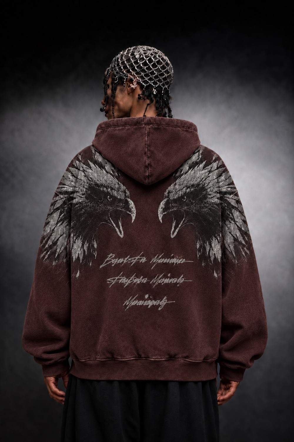 Erkek Bordo Eagle Özel Yıkamalı Oversize Hoodie