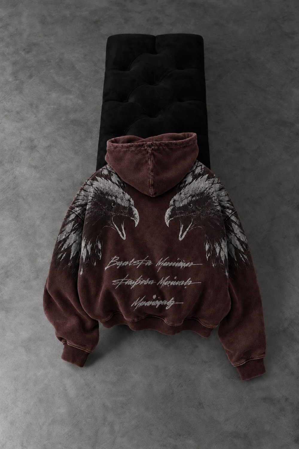Erkek Bordo Eagle Özel Yıkamalı Oversize Hoodie