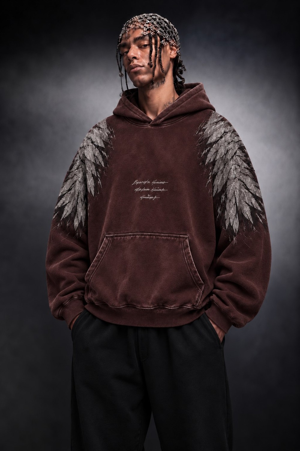 Erkek Bordo Eagle Özel Yıkamalı Oversize Hoodie