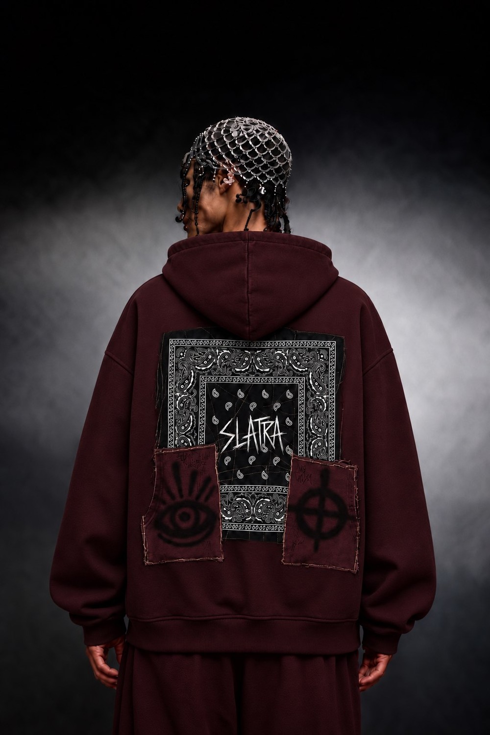 Erkek Bordo Relic Patch Detay Oversize Hoodie