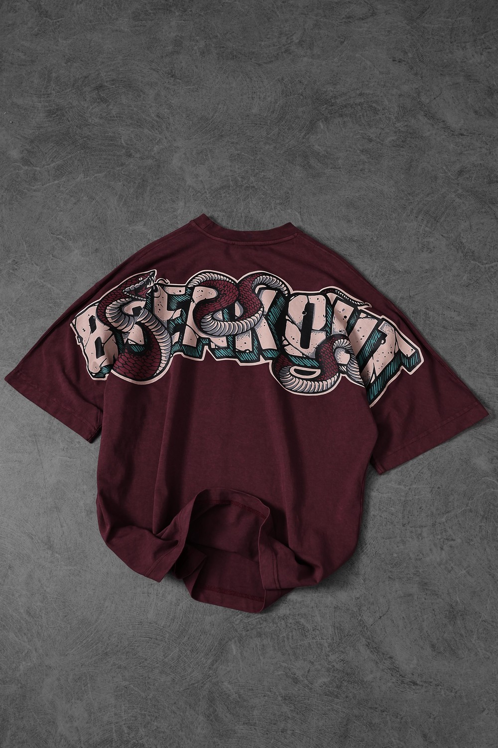 Erkek Bordo Snake Baskı Özel Yıkamalı Kumaş  Oversize Tshirt
