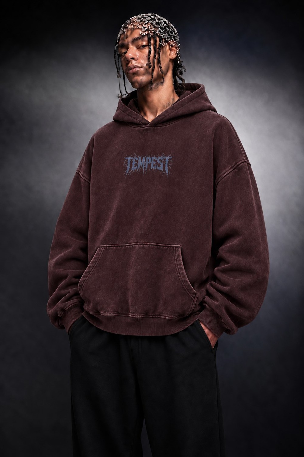 Erkek Bordo Tempest Özel Yıkamalı Oversize Hoodie