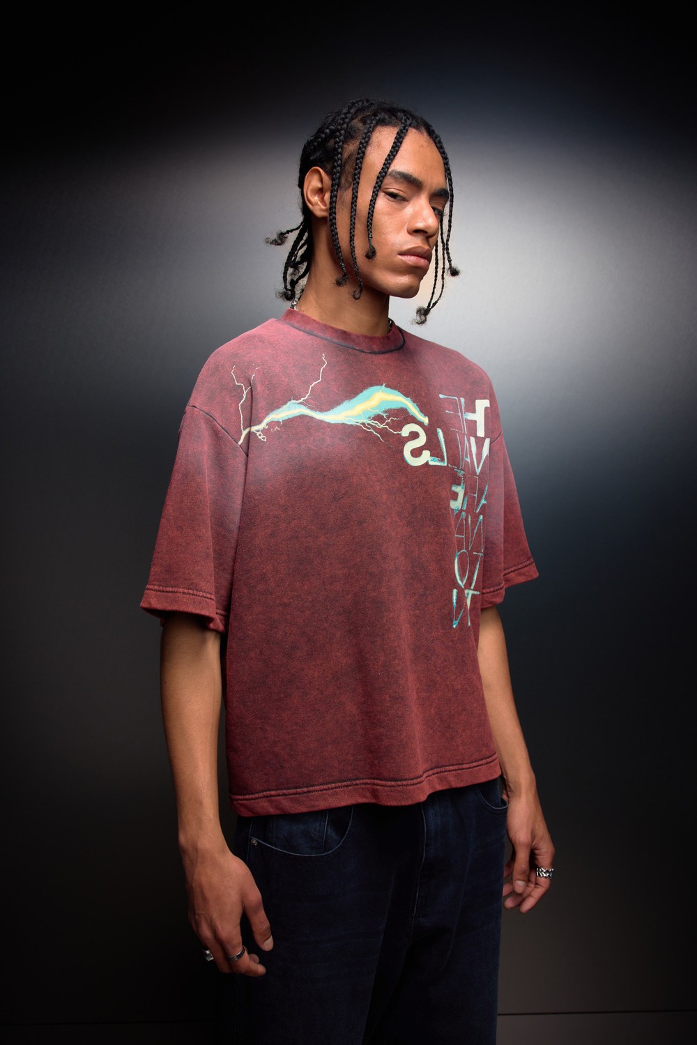 Erkek Bordo The Walls Box Fit Yıkama Efektli Tshirt