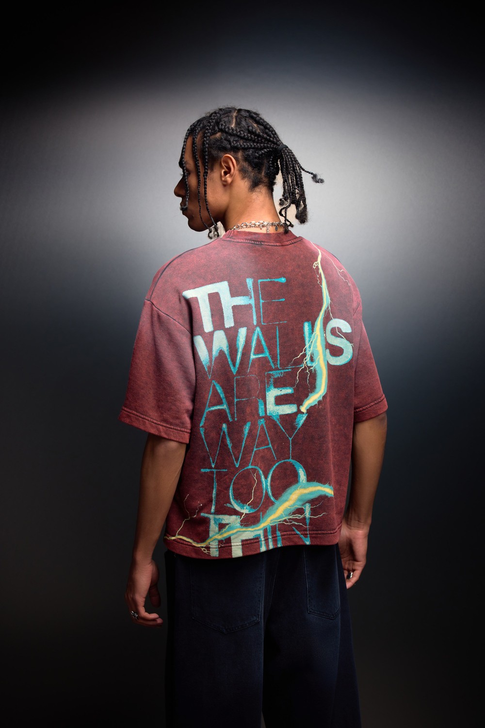 Erkek Bordo The Walls Box Fit Yıkama Efektli Tshirt