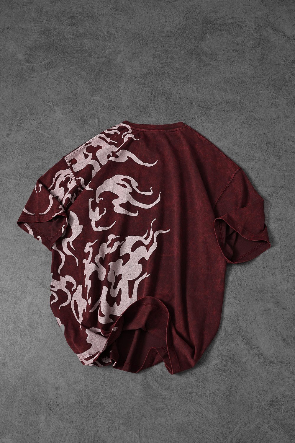 Erkek Bordo Yazılı Yan Baskı Özel Yıkamalı Kumaş Oversize Tshirt