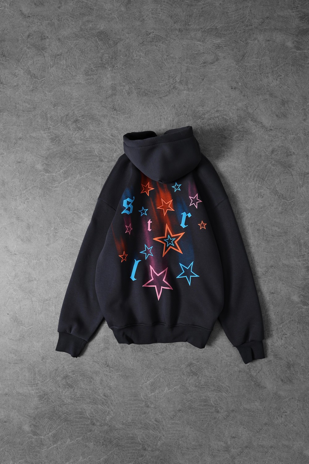 Erkek Füme Stars Kabartma Baskı Kapüşonlu Oversize Sweatshirt