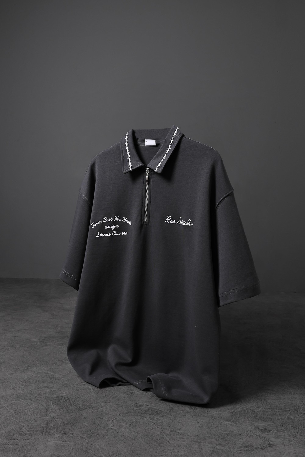 Erkek Füme Wire Nakışlı Oversize Yarım Fermuar Tshirt