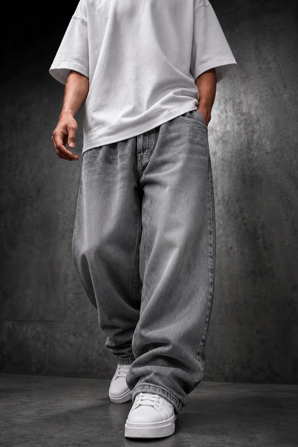 Erkek Gri Baggy Denim Pantolon