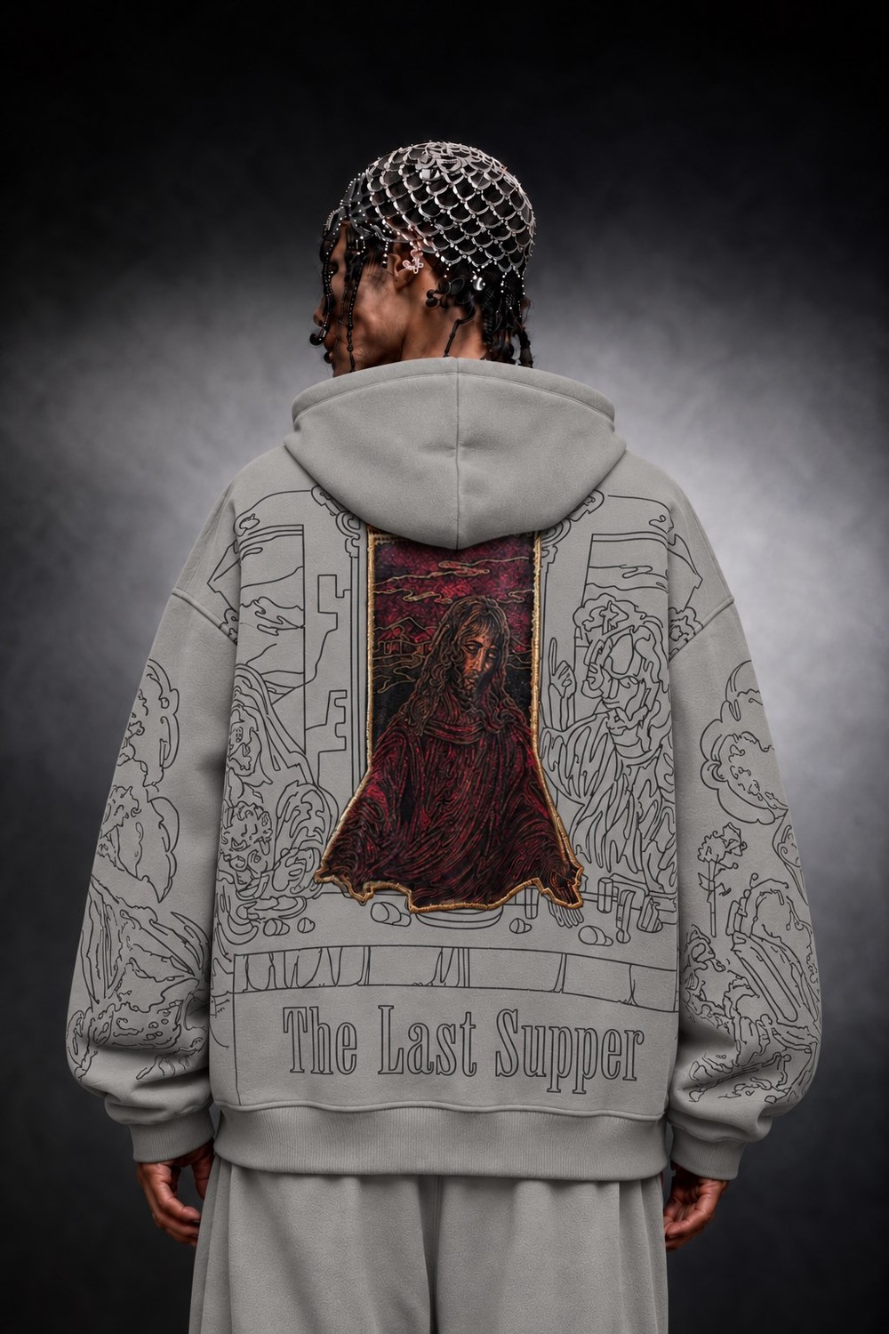 Erkek Gri Sanctum Kadife Patch Oversize Hoodie