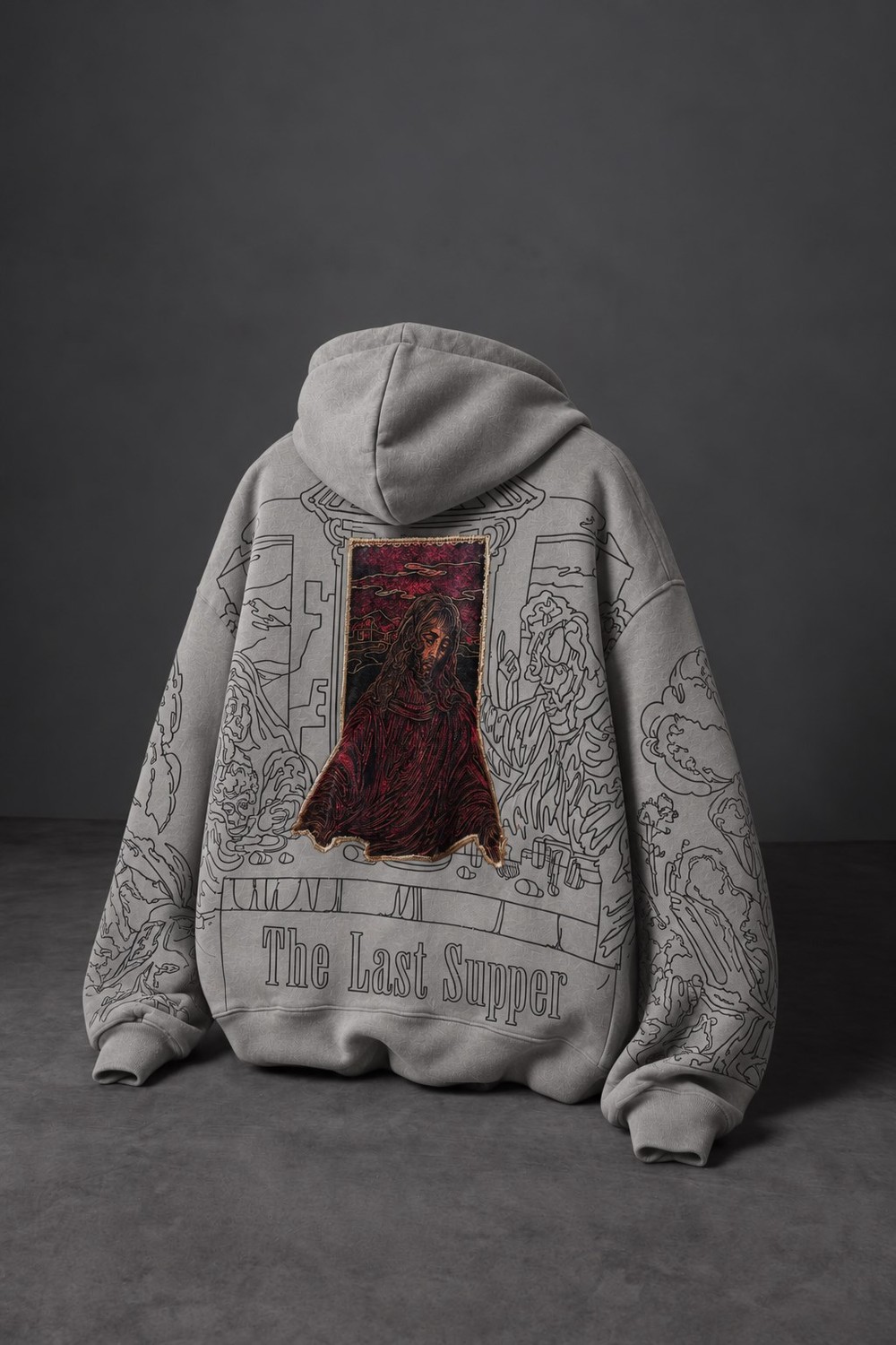 Erkek Gri Sanctum Kadife Patch Oversize Hoodie