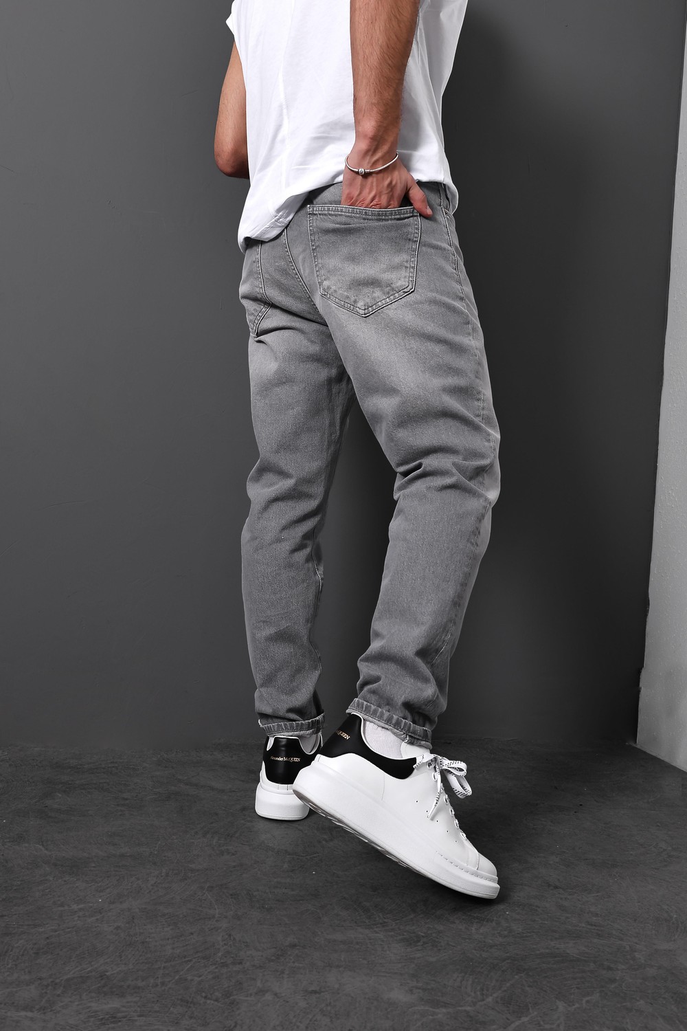 Erkek Gri Taşlı Boyfriend Pantolon