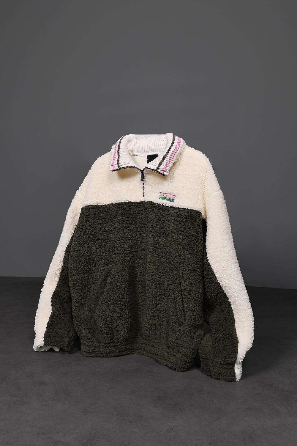 Erkek Haki Garnili Full Zip Peluş Sweatshirt