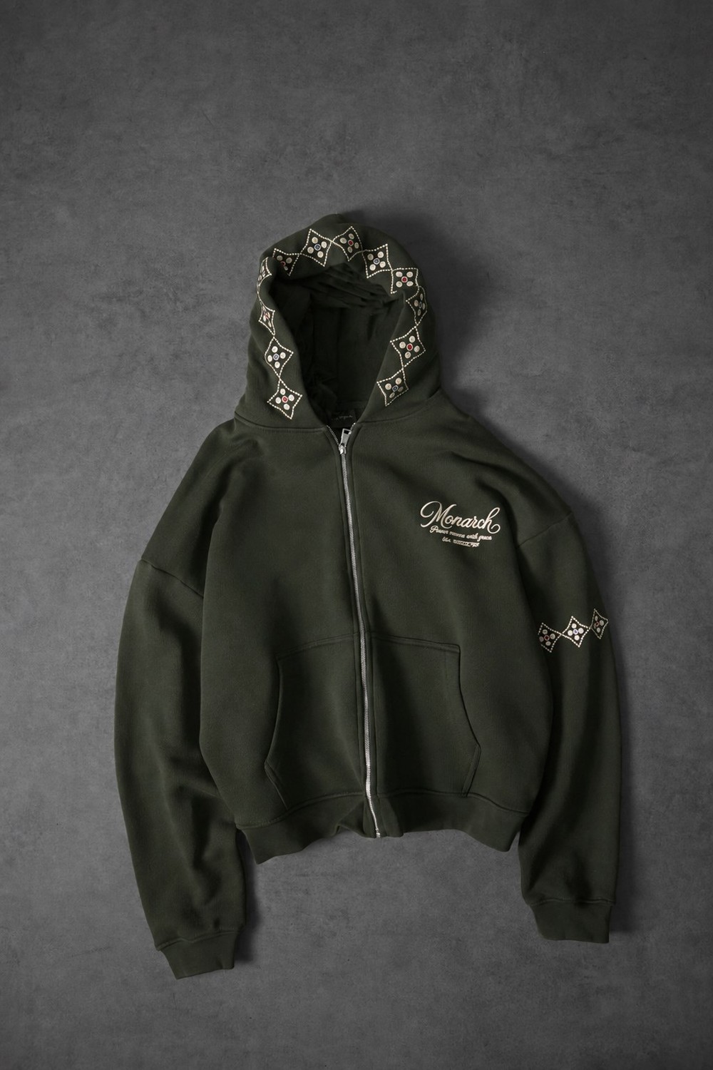 Erkek Haki Monarch Nakışlı Oversize Full Zip Hoodie