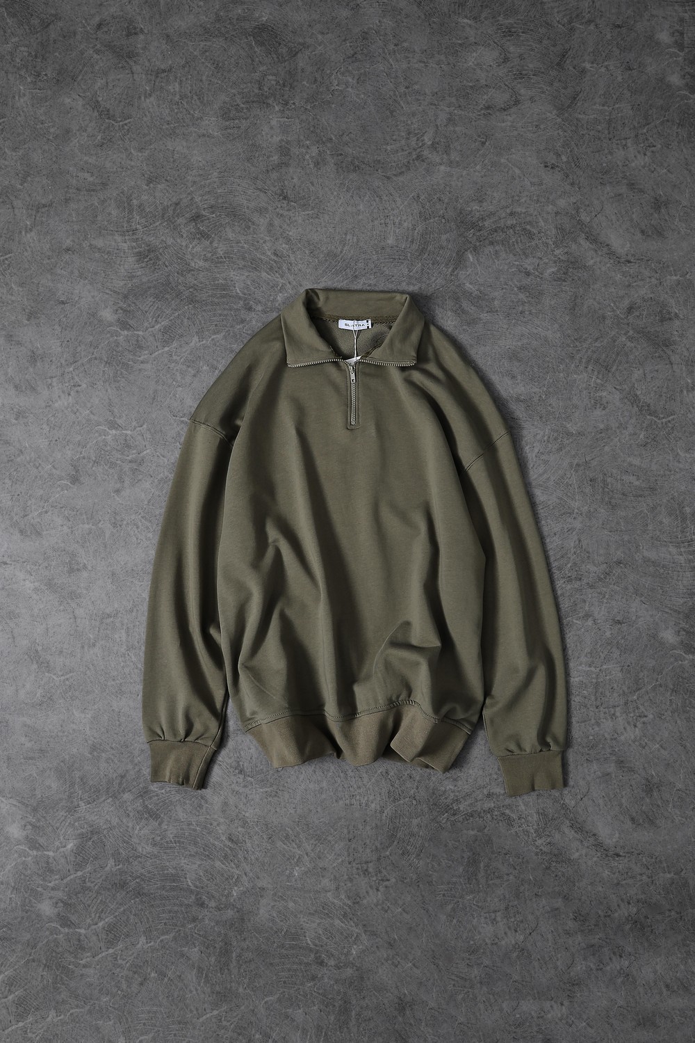 Erkek Haki Yarım Fermuar Diagonel Kumaş Oversize Sweatshirt
