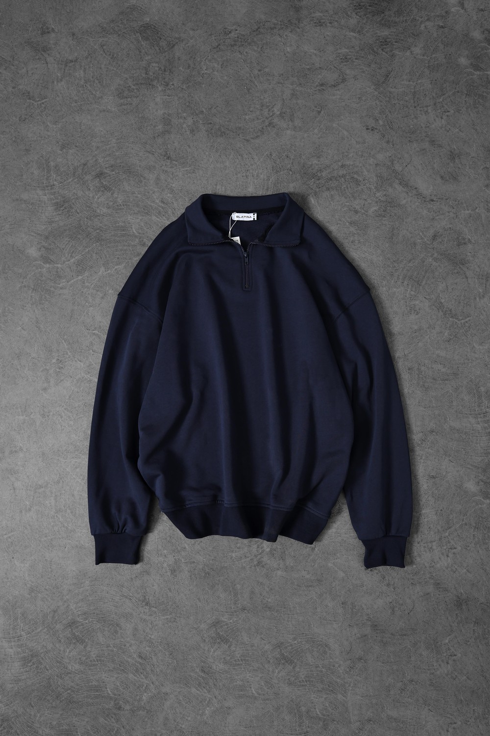 Erkek İndigo Yarım Fermuar Diagonel Kumaş Oversize Sweatshirt