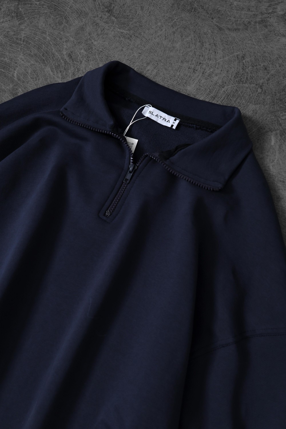 Erkek İndigo Yarım Fermuar Diagonel Kumaş Oversize Sweatshirt