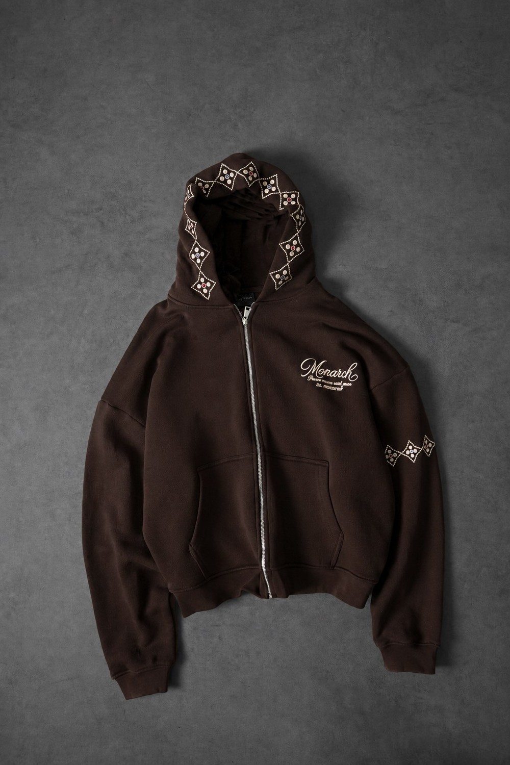 Erkek Kahve Monarch Nakışlı Oversize Full Zip Hoodie