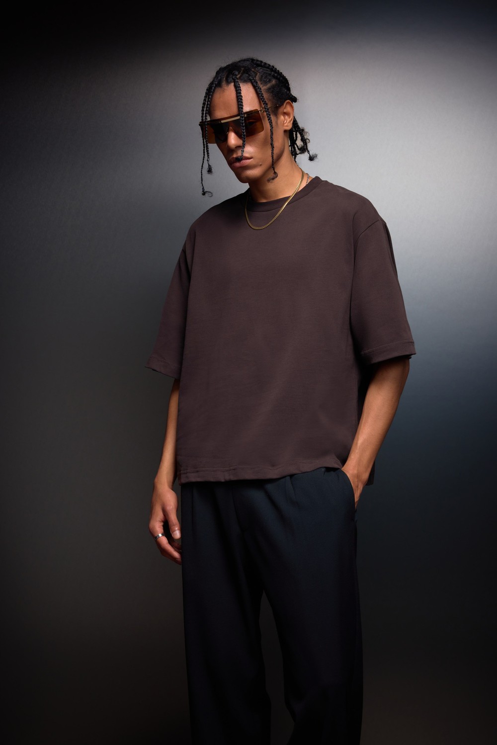 Erkek Kahverengi Boxy Fit Basic Tshirt