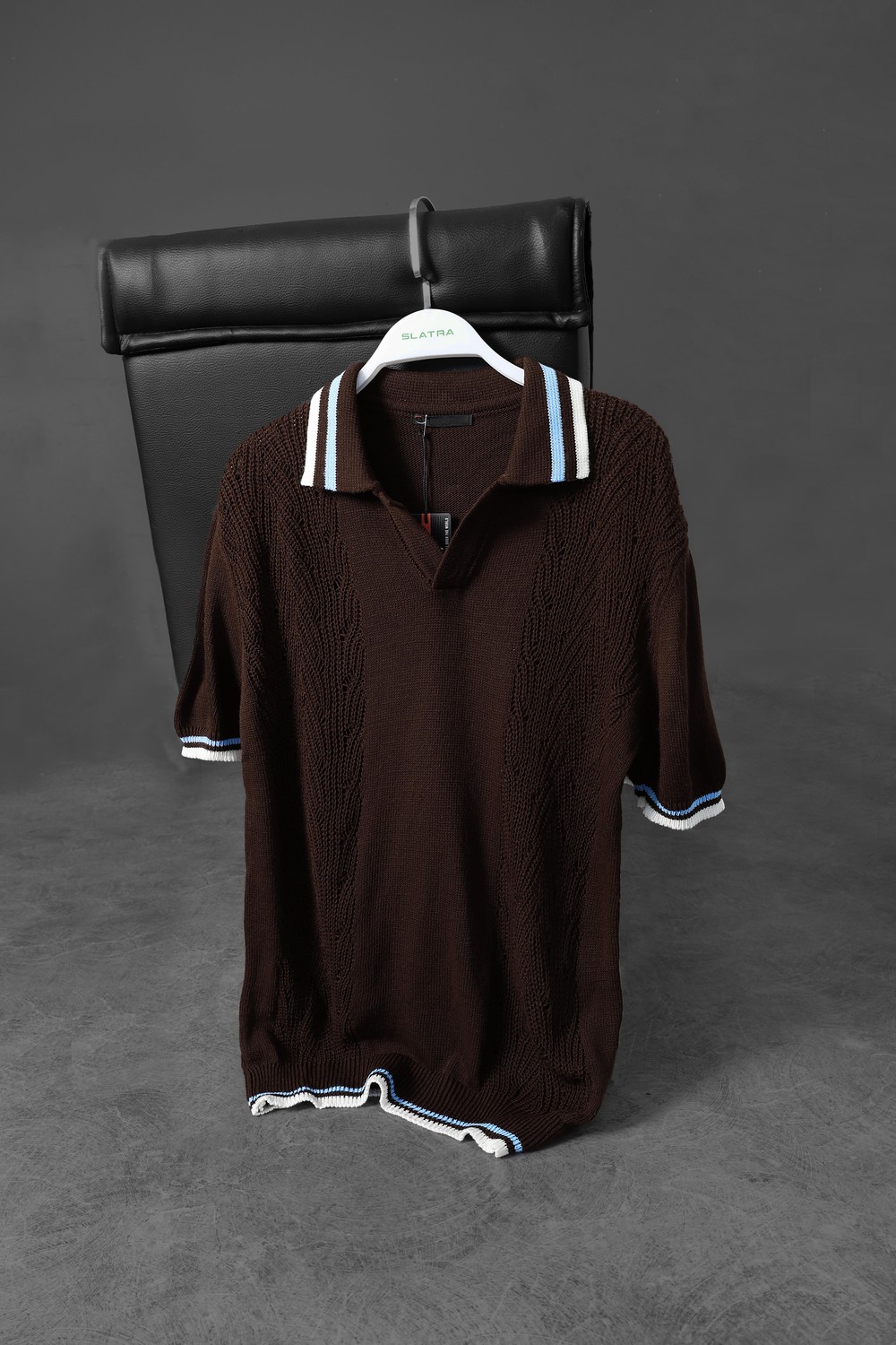 Erkek Kahverengi Oversize Polo Yaka Örme Tshirt