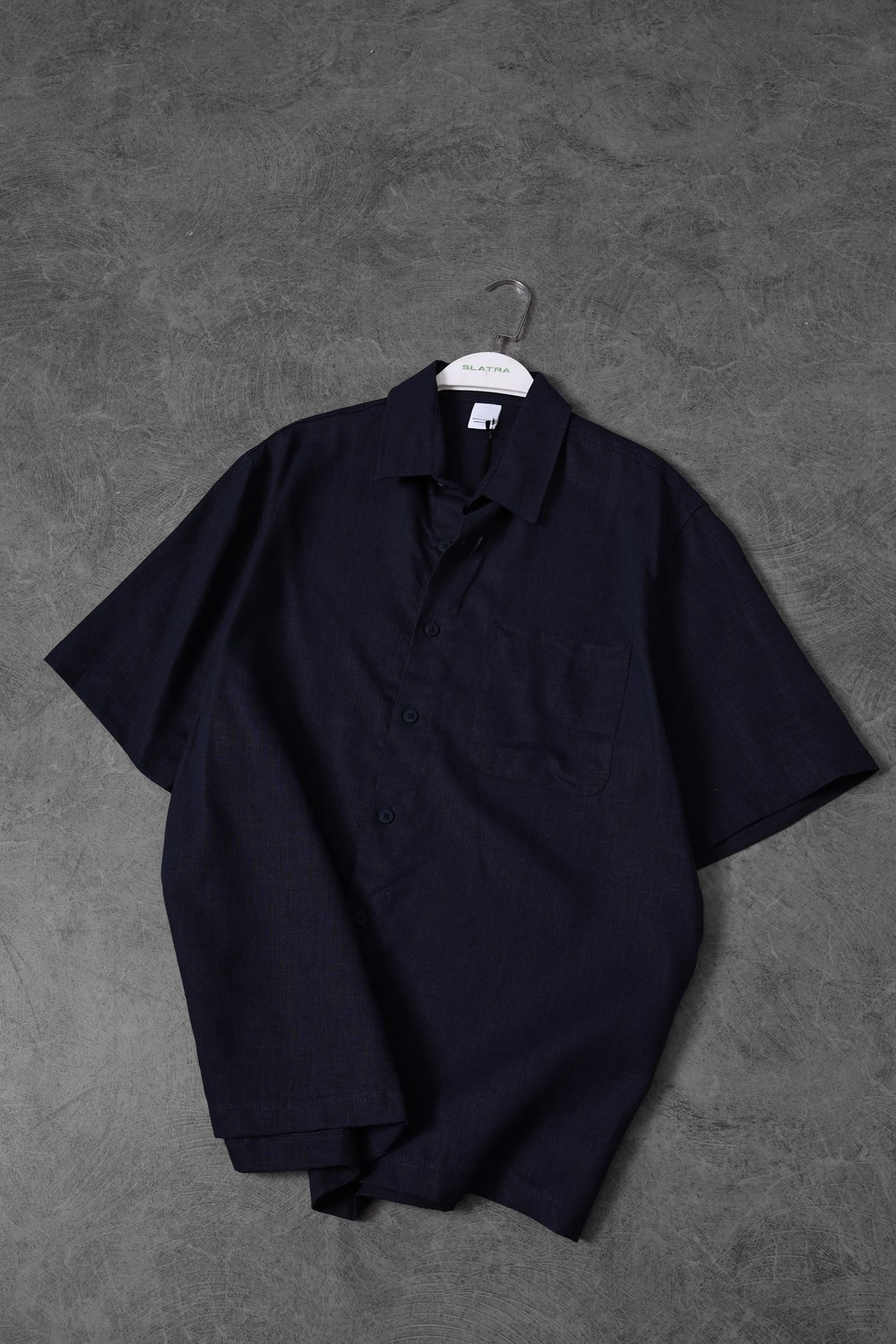 Erkek Lacivert %100 Keten Kumaş Oversize Kısa Kollu Gömlek