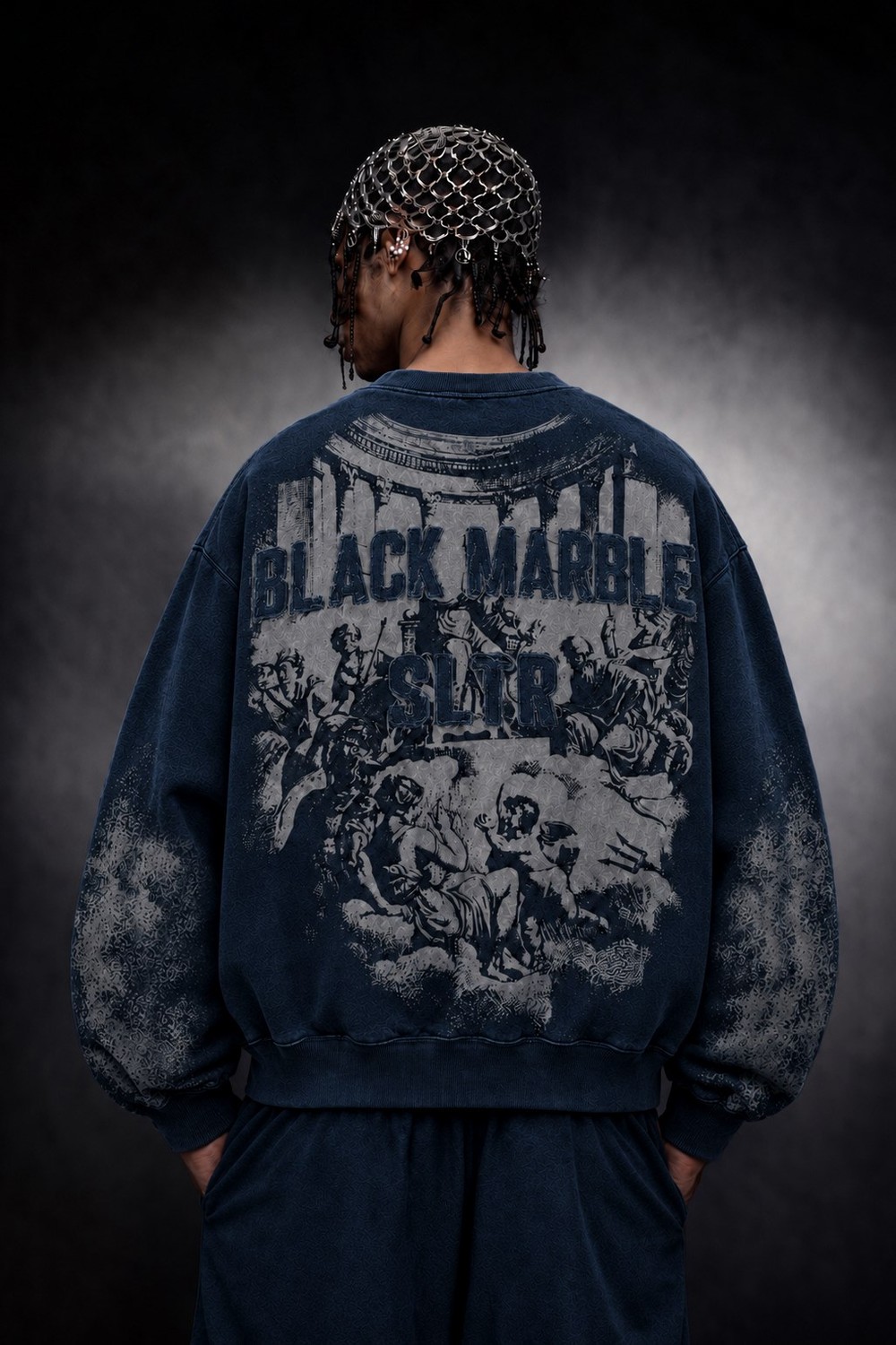 Erkek Lacivert Black Marble Özel Yıkamalı Oversize Sweatshirt