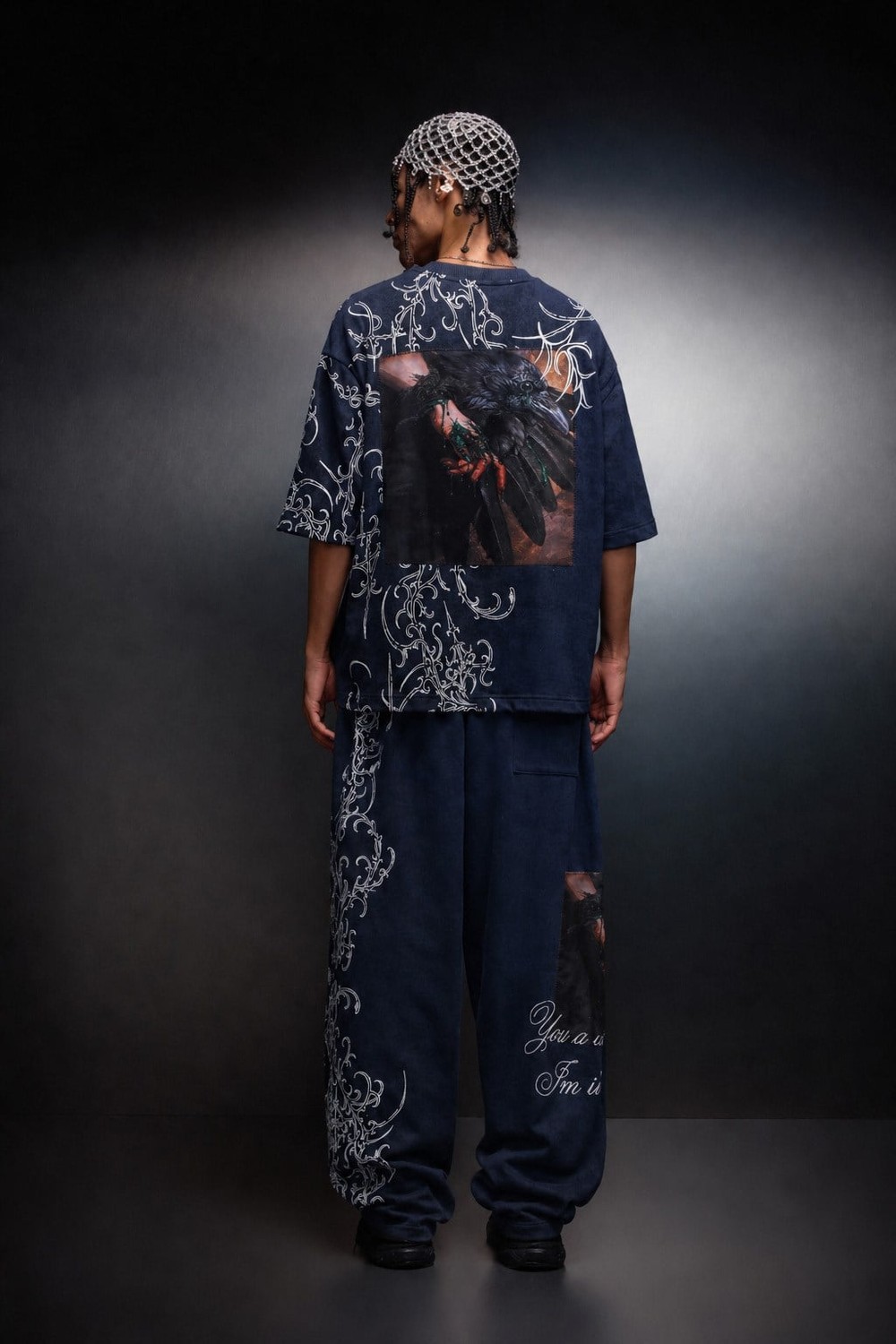 Erkek Lacivert Crow Patch Oversize Yıkama Efektli Tshirt