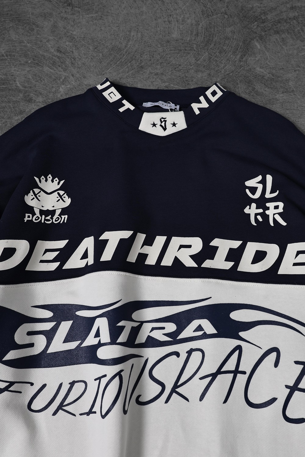Erkek Lacivert Deathride Baskılı V Yaka Oversize Racing Sweatshirt