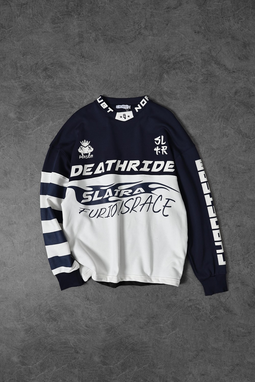 Erkek Lacivert Deathride Baskılı V Yaka Oversize Racing Sweatshirt