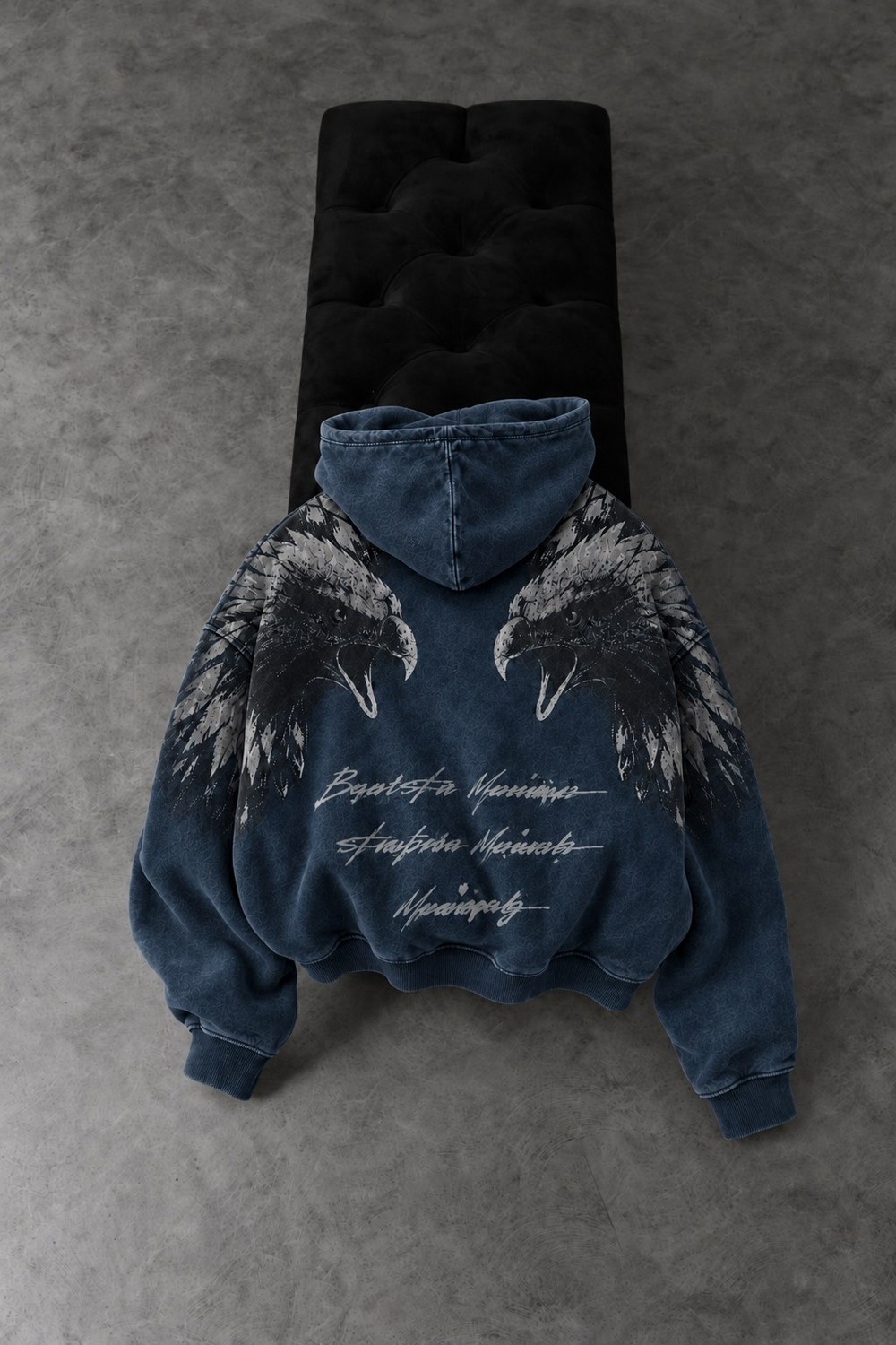 Erkek Lacivert Eagle Özel Yıkamalı Oversize Hoodie
