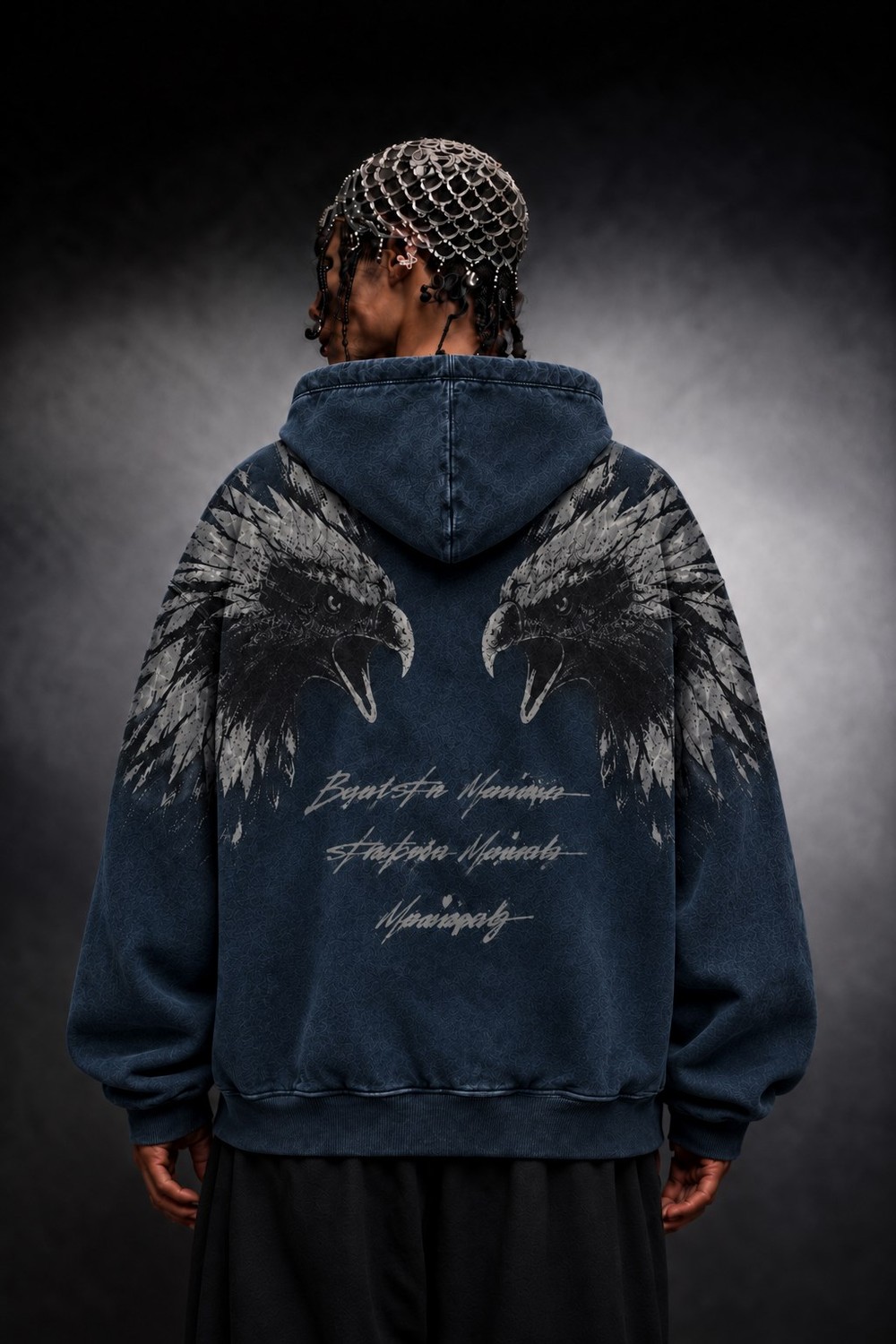 Erkek Lacivert Eagle Özel Yıkamalı Oversize Hoodie