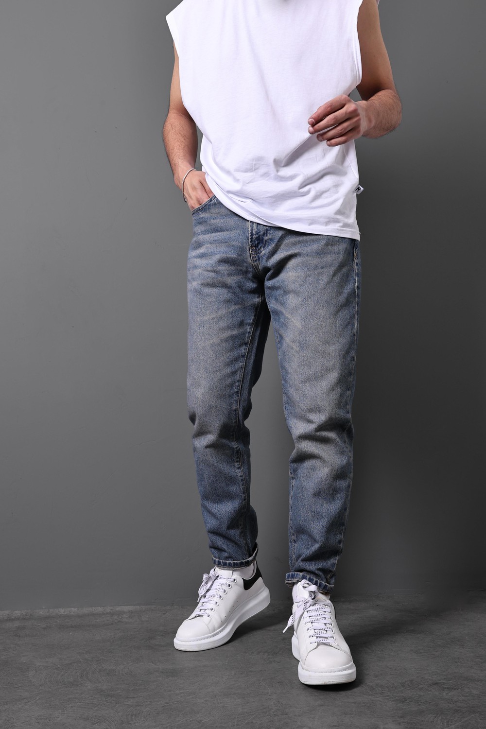Erkek Lacivert Eskitme Boyfriend Pantolon