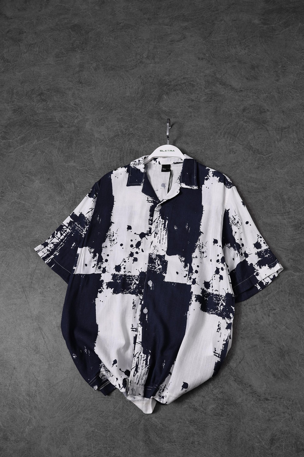 Erkek Lacivert Fırça Desen Keten Kumaş Oversize Kısa Kollu Gömlek