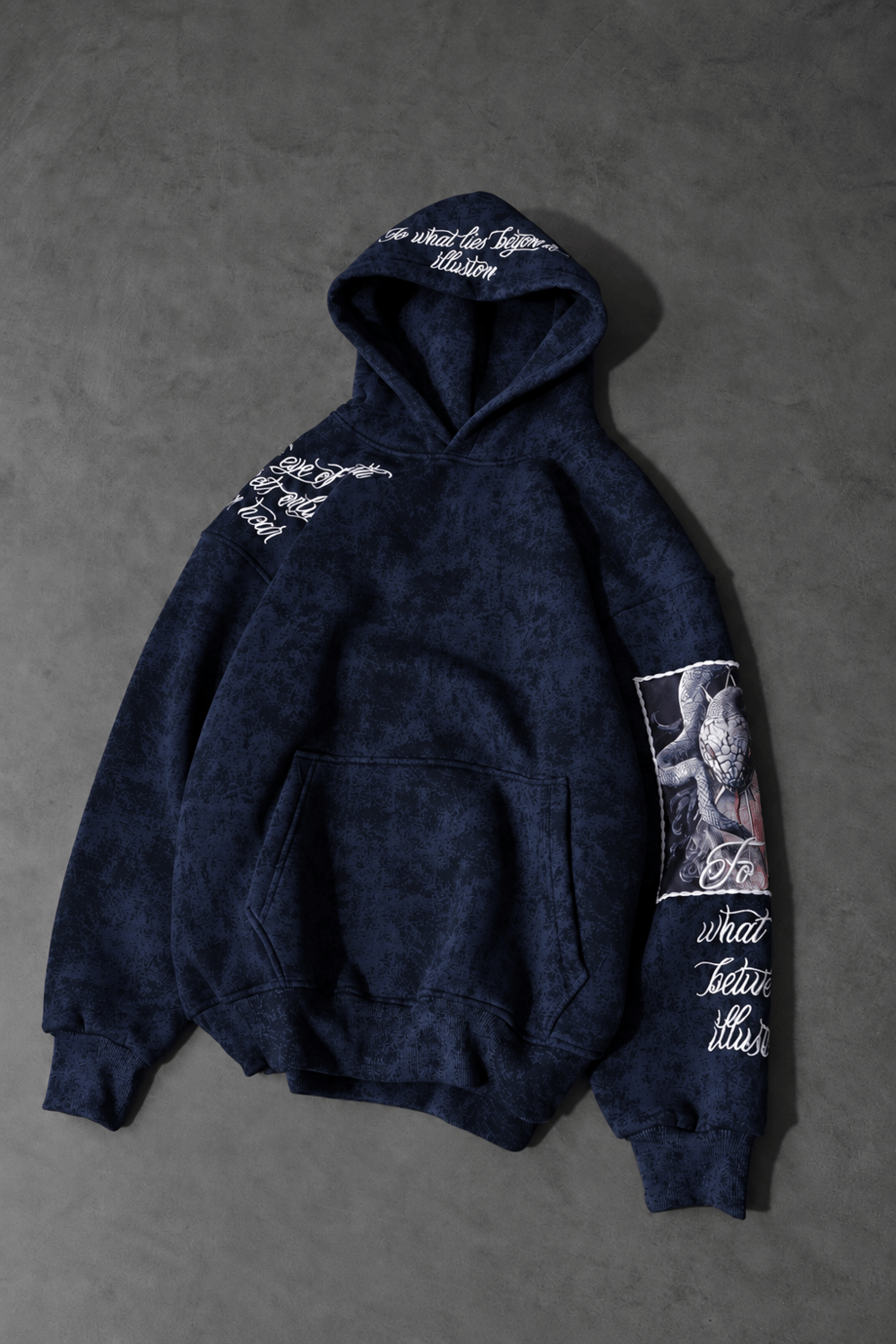 Erkek Lacivert İllusion Nakışlı Patchli Yıkamalı Oversize Kapüşonlu Sweatshirt
