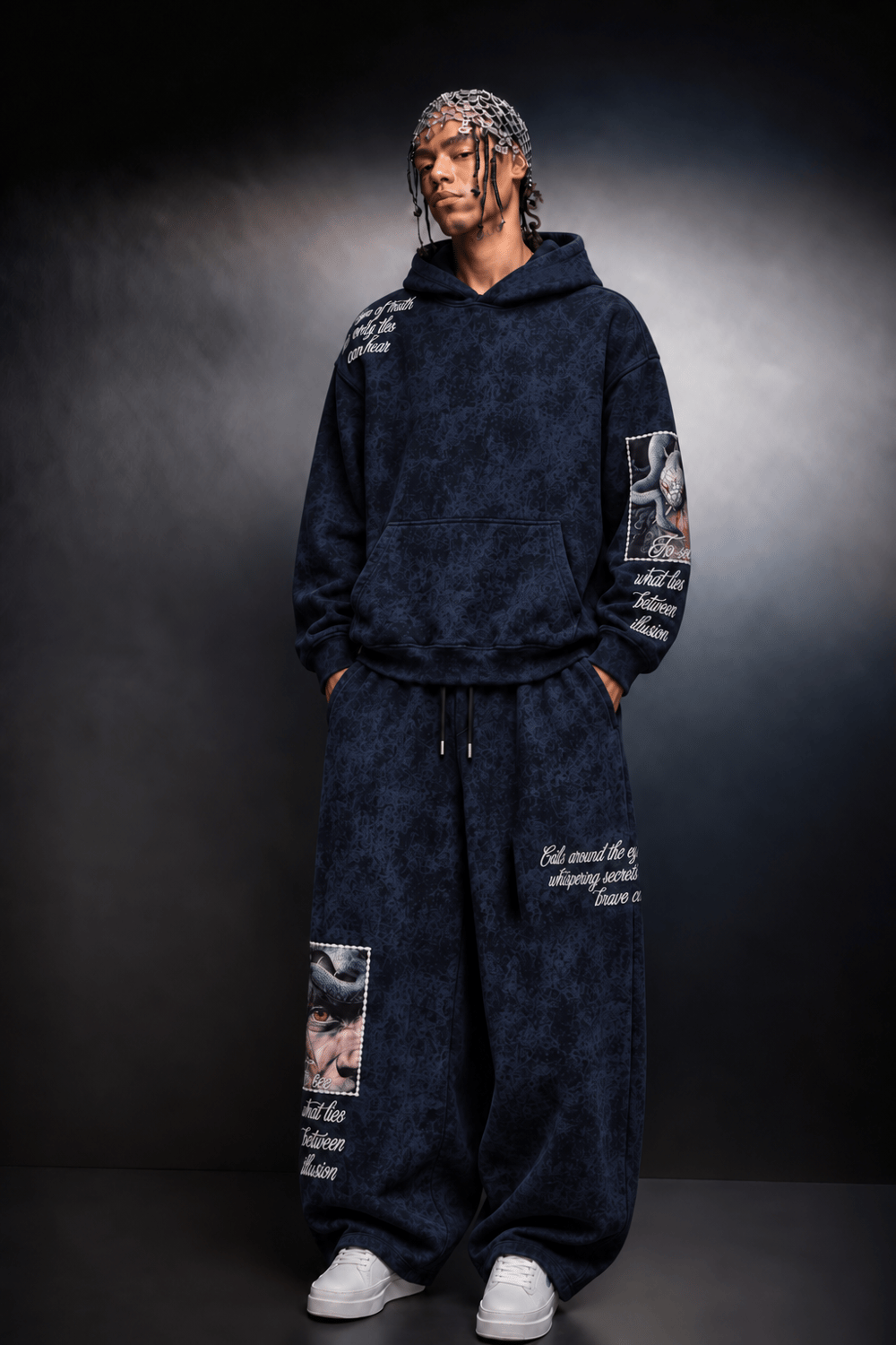 Erkek Lacivert İllusion Nakışlı Patchli Yıkamalı Oversize Kapüşonlu Sweatshirt