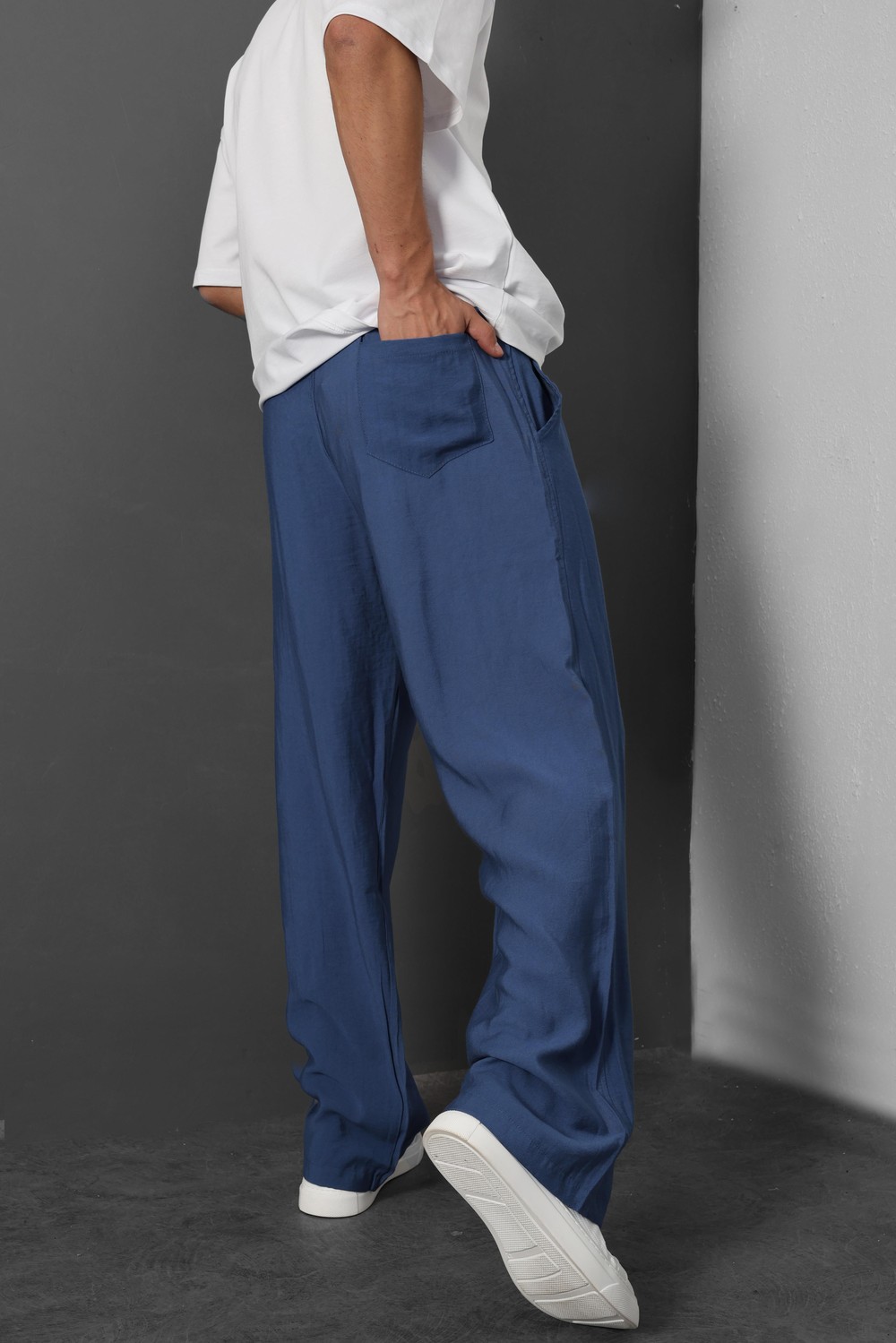Erkek Lacivert İnce Kumaş Keten Baggy Pantolon