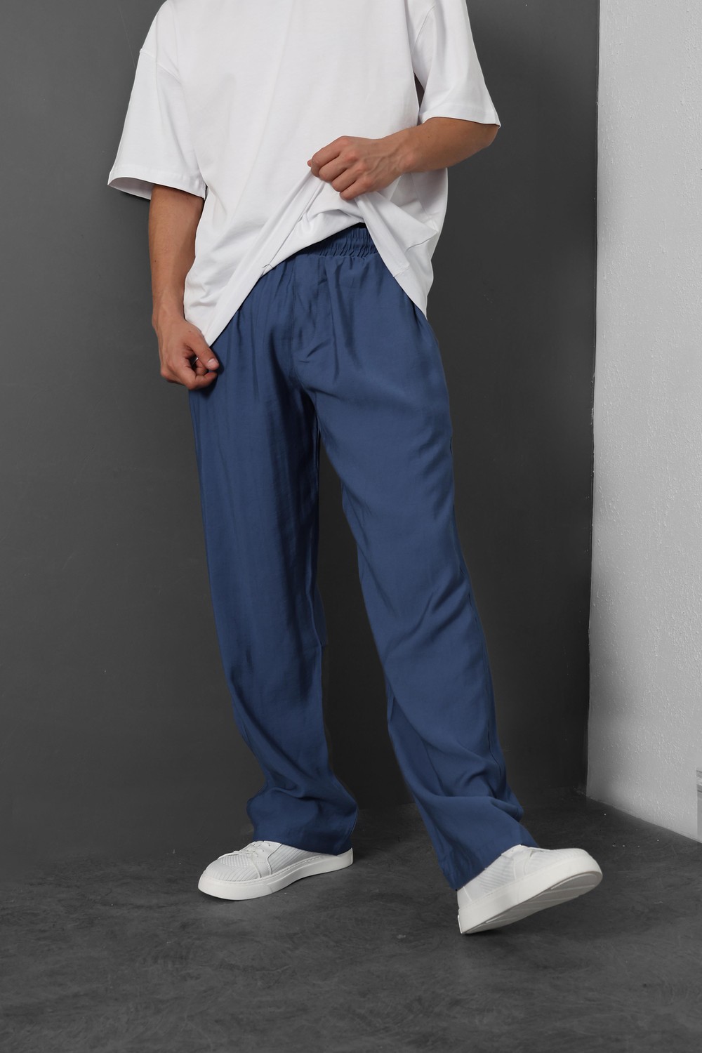 Erkek Lacivert İnce Kumaş Keten Baggy Pantolon
