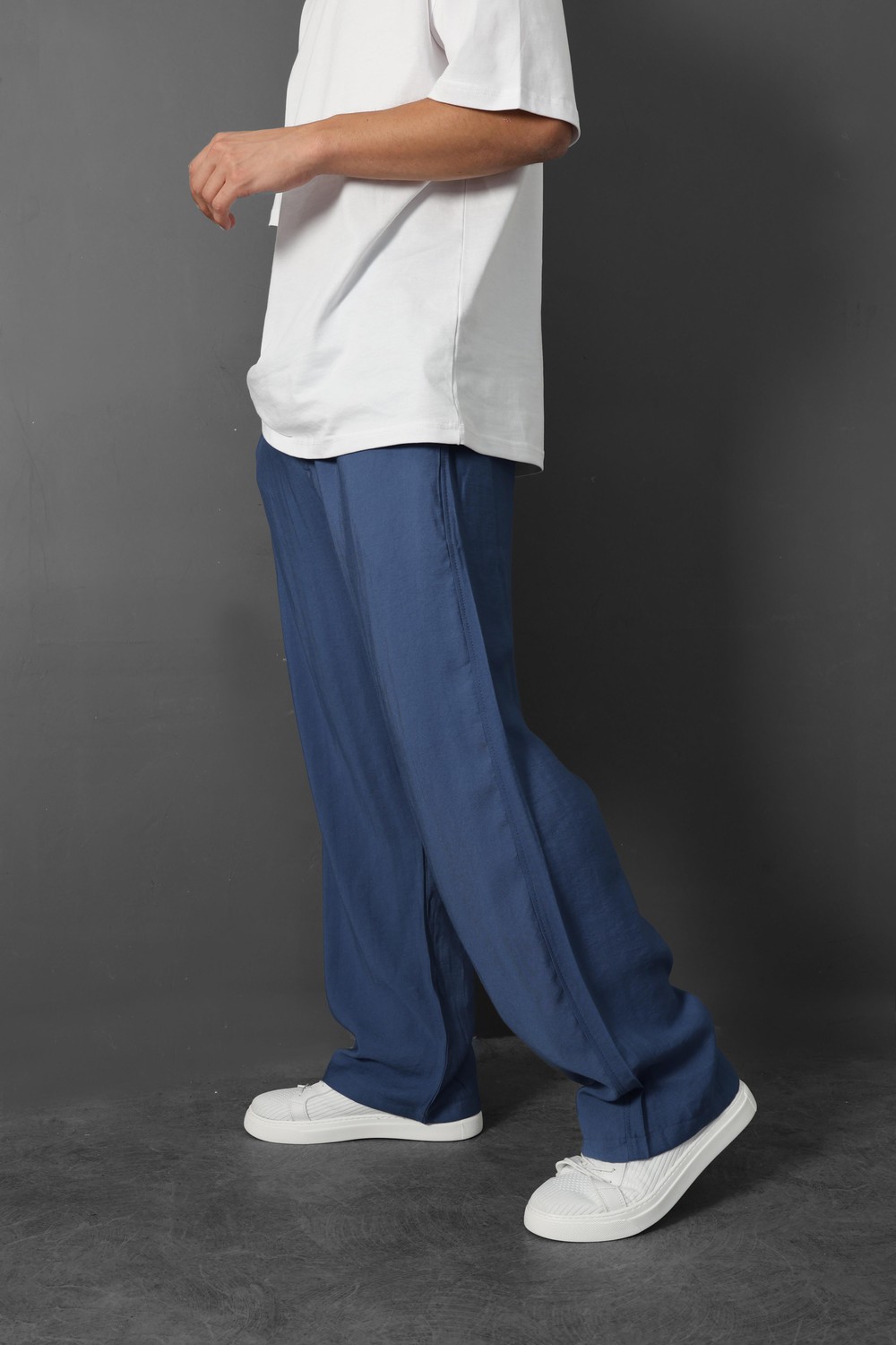 Erkek Lacivert İnce Kumaş Keten Baggy Pantolon