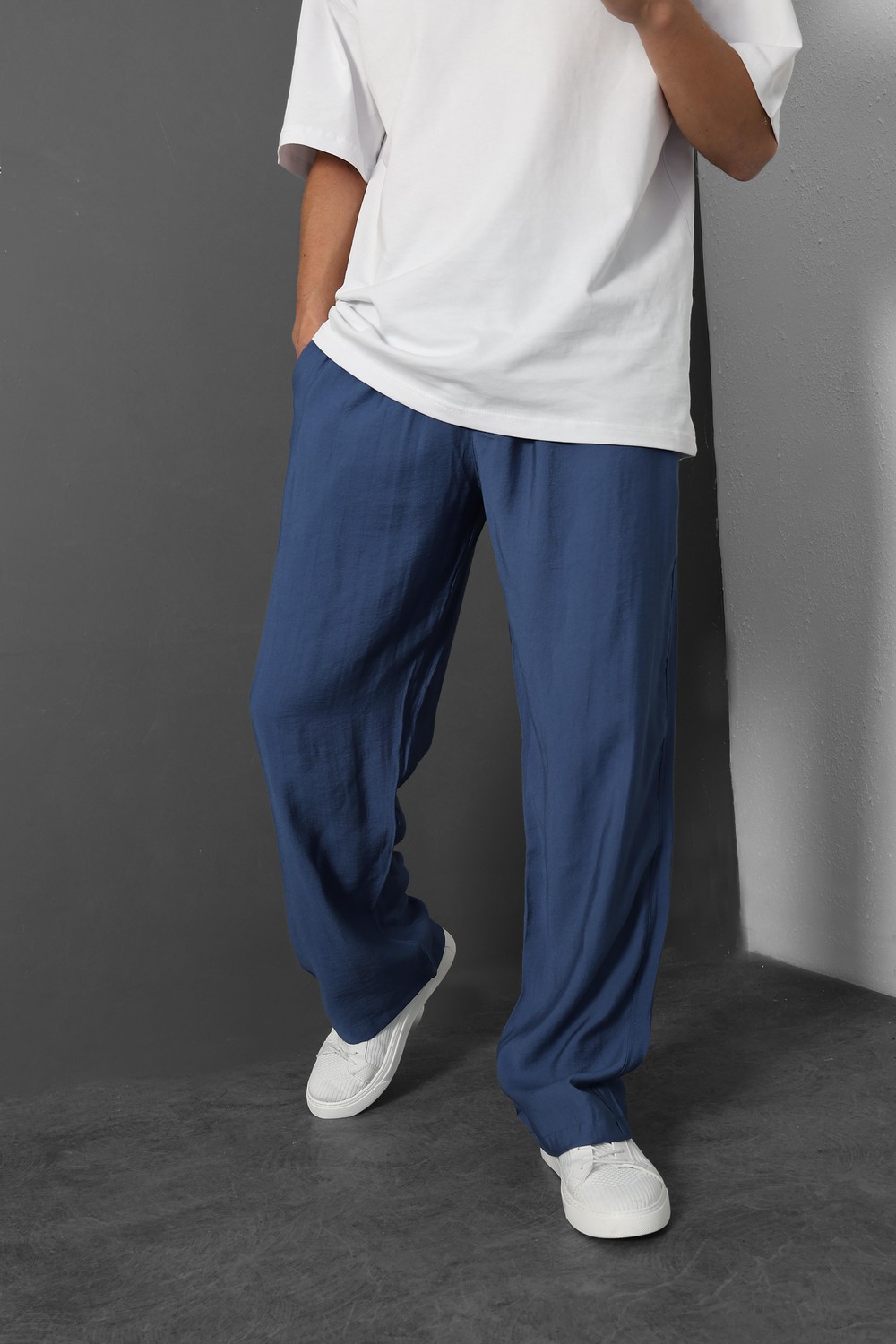 Erkek Lacivert İnce Kumaş Keten Baggy Pantolon