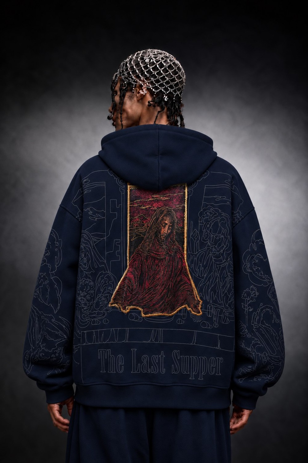Erkek Lacivert Sanctum Kadife Patch Oversize Hoodie