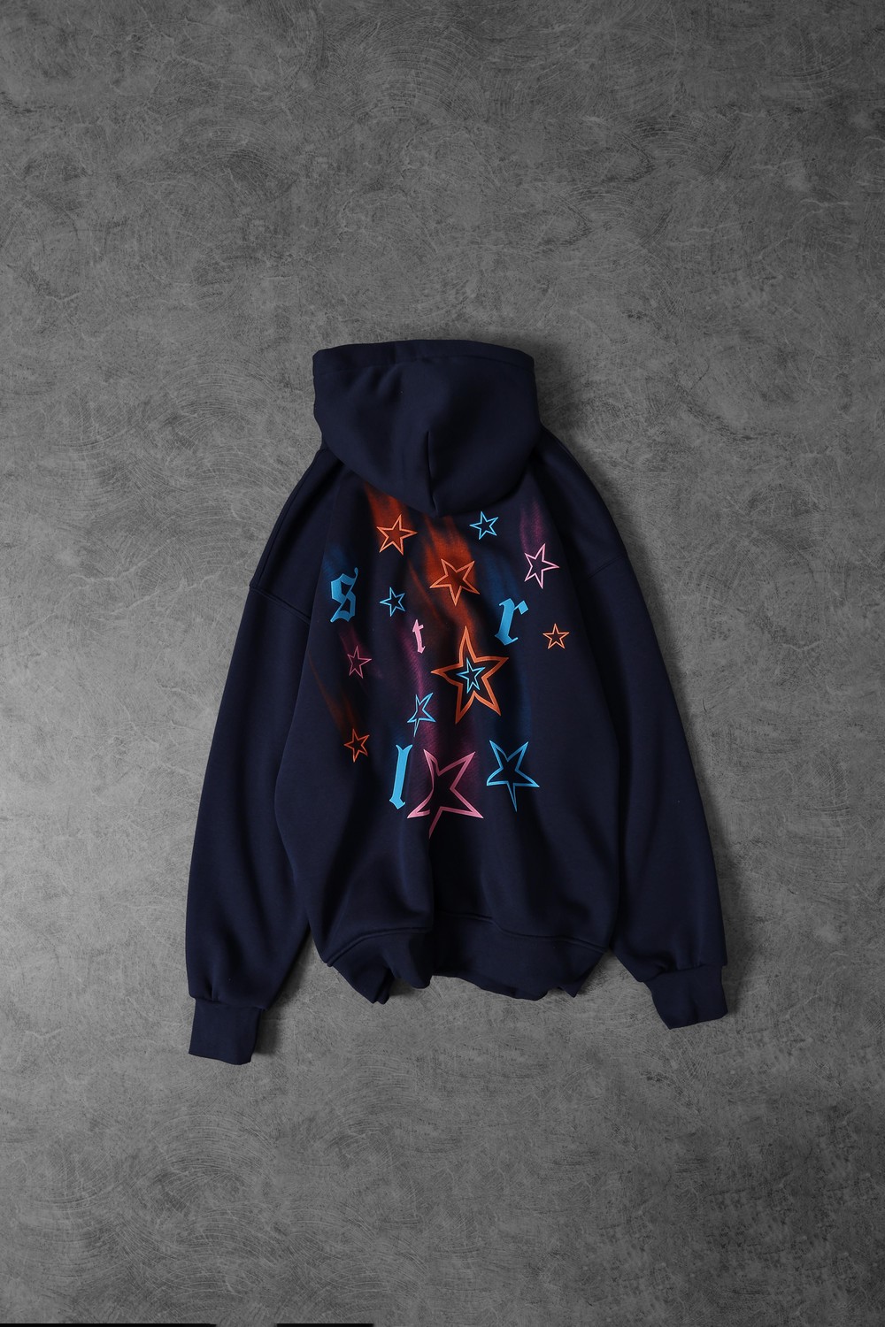 Erkek Lacivert Stars Kabartma Baskı Kapüşonlu Oversize Sweatshirt