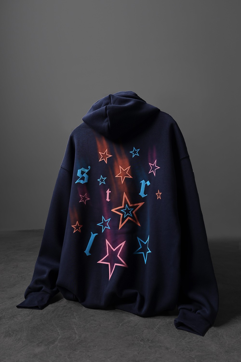 Erkek Lacivert Stars Kabartma Baskı Kapüşonlu Oversize Sweatshirt